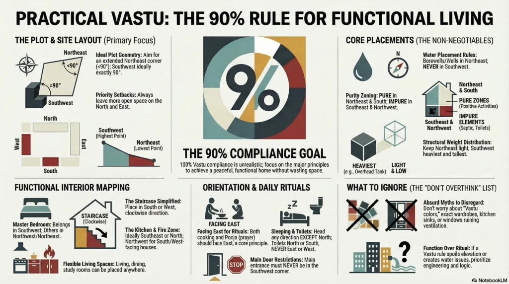 Infographic titled Practical Vastu: The 90% Rule for Functional Living presenting guidelines for plot and site layout, core placements, functional interior mapping, orientation and daily rituals, and what to ignore for vastu compliance, featuring diagrams and icons illustrating principles like ideal plot geometry, water placement, staircase placement, room orientations, and common misconceptions to disregard.