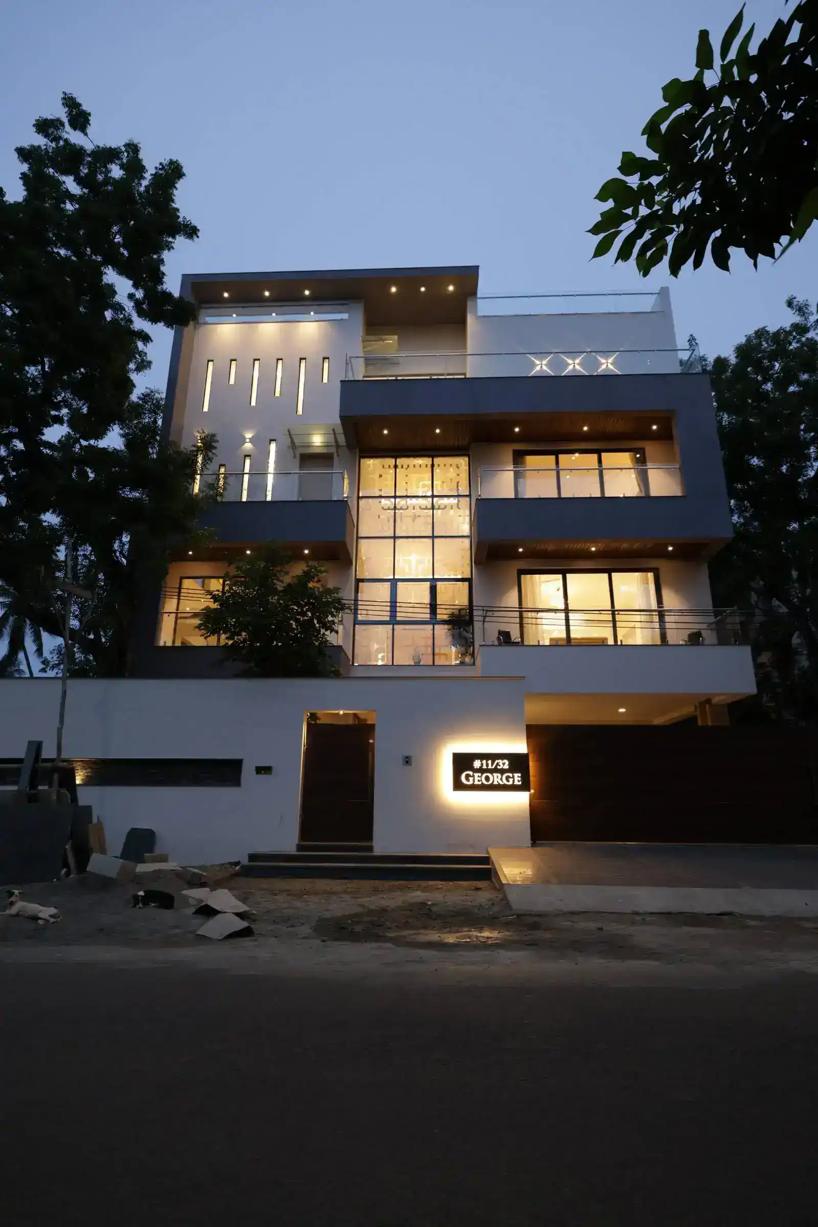 Integrated facade and step lighting for safety and aesthetics. Backlit nameplate for visibility and personalization.