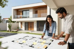 A couple reviewing architectural floor plans on a large table outside a modern two-story house with wooden accents and glass balcony.