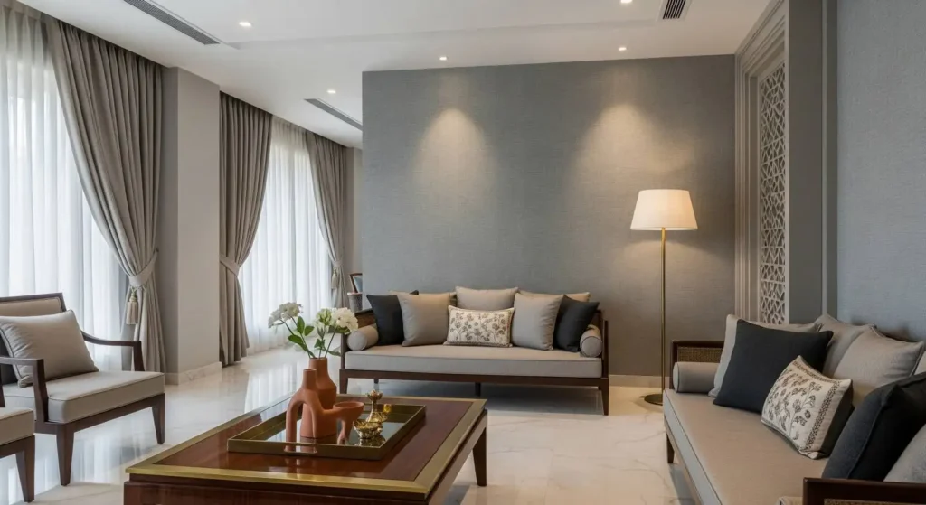 Modern living room with two beige sofas and two armchairs, a wooden coffee table with decorative vases, large windows with sheer white curtains and gray drapes, and a floor lamp against a textured gray wall.