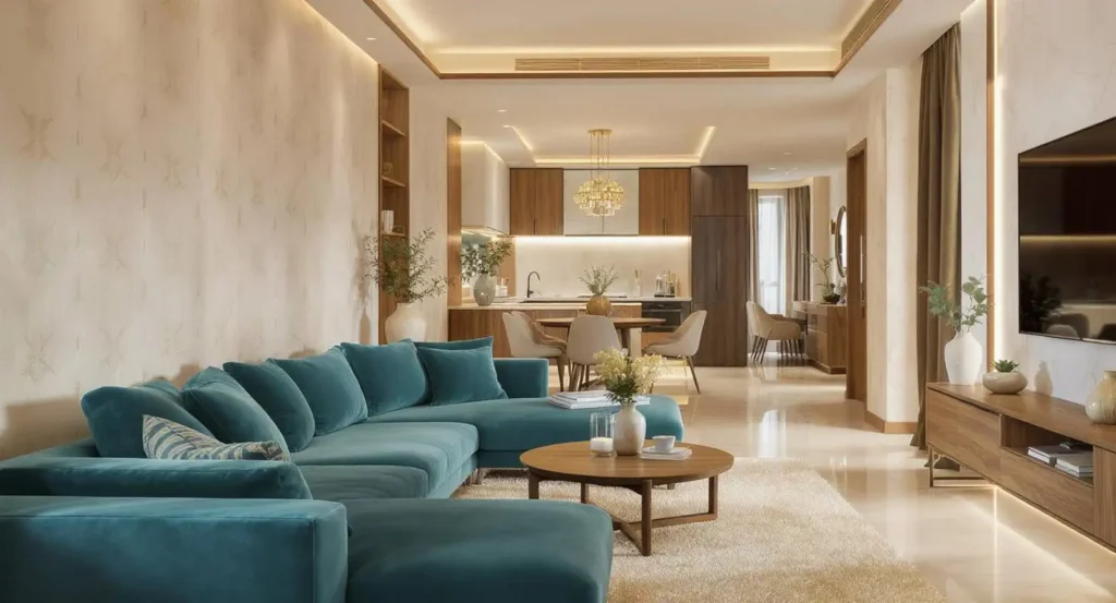 Modern open-plan living room with a large teal sectional sofa, wooden coffee table with a vase of flowers, beige walls, and a view into a kitchen and dining area with wooden cabinetry and a chandelier pendant light.