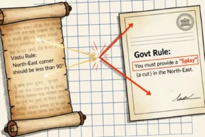 Illustration comparing traditional Vastu rule and government regulation for North-East corner angles, showing a parchment with Vastu rule stating the angle should be less than 90 degrees, and a government document mandating a 'Splay' (a cut) in the North-East corner, connected by arrows indicating the angle modification.