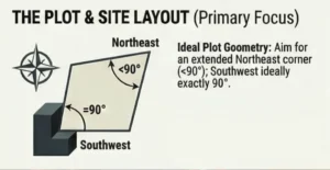 Diagram showing an ideal plot geometry for site layout with a shape having an extended northeast corner less than 90 degrees and a southwest corner exactly 90 degrees, accompanied by compass rose and text explaining the geometry focus.
