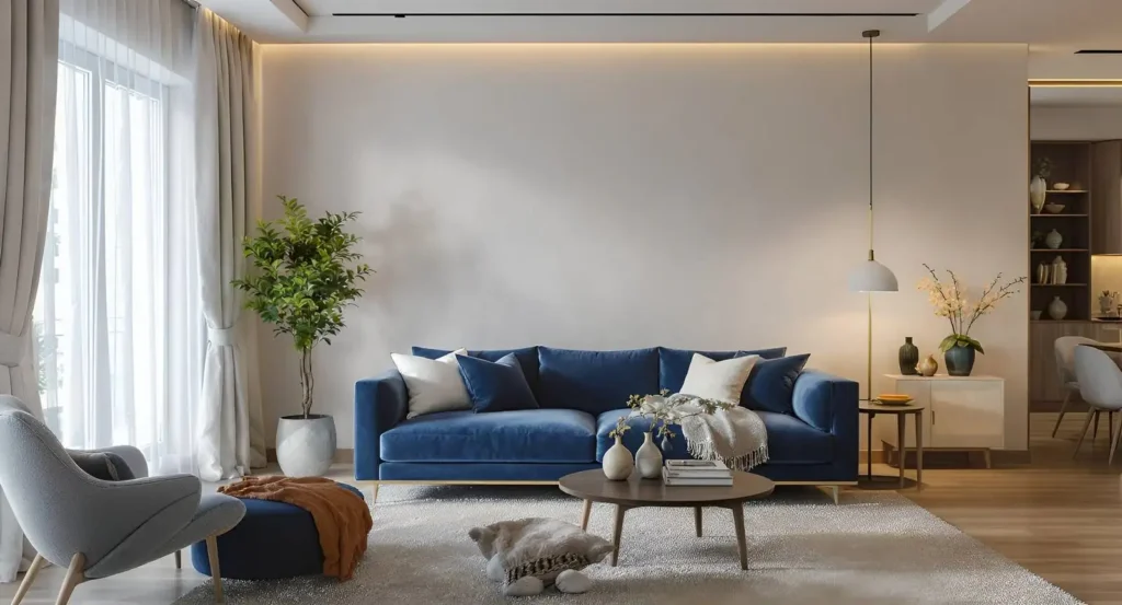 Modern living room with a blue velvet sofa, white and dark blue cushions, a wooden coffee table with vases and books, a gray armchair with a matching ottoman draped with a brown throw, a potted plant near floor-to-ceiling windows with sheer curtains, and warm ambient lighting with a hanging lamp and sideboard with decorative items.