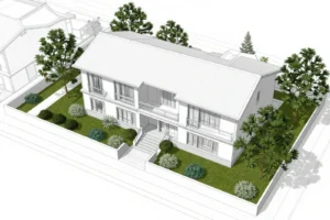 3D architectural rendering of a two-story white house with a pitched roof, surrounded by a fenced green lawn with various shrubs and tall palm trees.