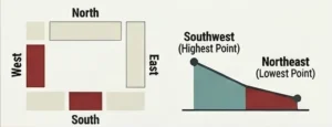 Two diagrams showing spatial orientation and elevation; the first diagram labels North, South, East, and West around rectangles of varying sizes with red blocks on the West and South sides; the second diagram is a sloped line graph indicating Southwest as the highest point and Northeast as the lowest point, with shaded areas beneath the slope.