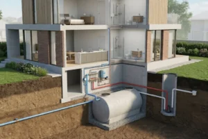 3D cutaway rendering of a modern two-story house showing indoor plumbing and underground water tank system with pipes connecting bathrooms, kitchen, and water tank beneath the house in a grassy yard.