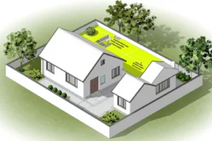 3D architectural rendering of a small property with two white buildings inside a fenced area, featuring a paved walkway, green bushes, several trees, and a bright yellow rectangular section in the backyard with some structure and annotation marks.