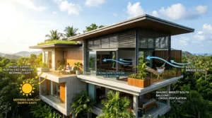 Modern two-story house with large balconies, one shaded and breezy with a person relaxing in a hammock, surrounded by lush greenery, annotated with arrows indicating morning sunlight on the north-east balcony and south breeze flow for cross-ventilation and airflow.