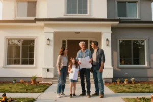 A family of four standing on the front walkway of a house with two large windows and a wooden front door, holding documents and smiling together outdoors in the daytime.