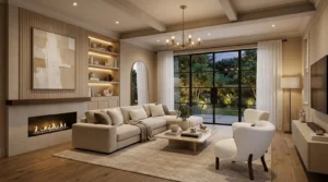 Modern living room with beige sectional sofa, two white armchairs, marble coffee table, built-in shelves with decorative items, a fireplace, large window overlooking a garden, wooden floor, and soft lighting.