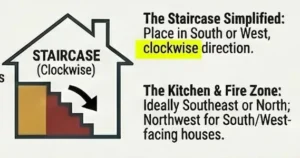 Diagram of a house with a clockwise staircase and text explaining staircase placement should be in the South or West in a clockwise direction, and kitchen and fire zone ideally Southeast or North; Northwest for South/West-facing houses.