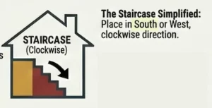 Diagram of a house with a staircase shown inside turning clockwise, accompanied by text explaining to place the staircase in the South or West side in a clockwise direction.