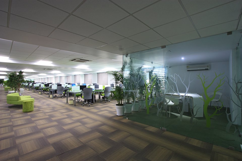 Spacious office with open workstations, glass meeting room featuring nature-inspired design, greenery, and soft flooring for comfort.