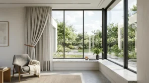 Modern living room corner with large floor-to-ceiling windows overlooking a lush green garden, featuring a grey armchair with a beige throw blanket, light curtains, a small wooden side table, and a marble window bench adorned with books, a candle, and a vase of green plants.