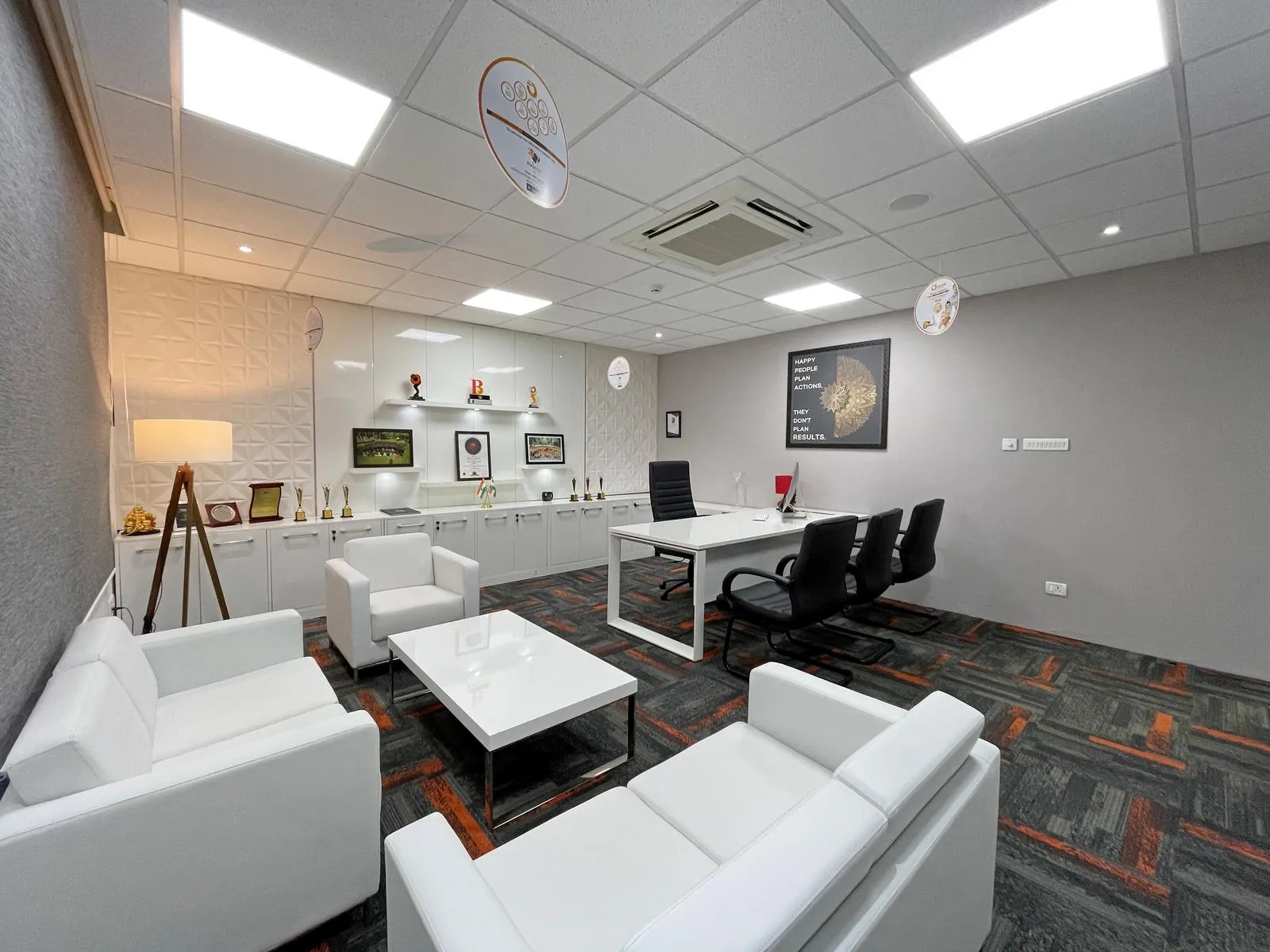 The Managing Director’s room features a modern executive layout with ergonomic workstations, informal seating, and custom storage, blending authority, comfort, and style. Premium finishes, modular carpet, and strategic lighting create a professional, visually refined workspace.