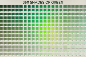 A chart titled '350 Shades of Green' displaying a wide range of green color swatches arranged in rows and columns, showing various green hues from dark to light with their respective color names and codes beneath each swatch.