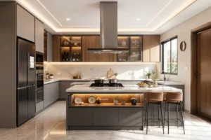 Modern kitchen with an island featuring a white countertop, built-in gas stove, decorative plates and plants under warm lighting, gray and wood cabinetry, stainless steel refrigerator and oven on the left, large window on the right, and two high stools at the island.