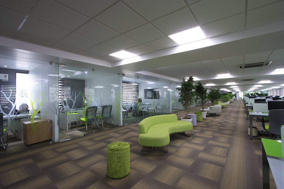 Efficient open-plan layout with structured workstations promotes collaboration and maximizes space use.