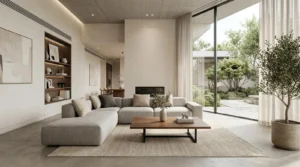 Modern living room with a large light gray sectional sofa, beige and gray cushions, a wooden coffee table with a vase of greenery and books, a textured rug, built-in shelving with decor, large floor-to-ceiling windows revealing a garden outside, and a potted tree on the right side.