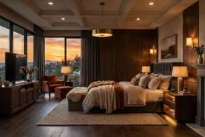Cozy, warmly lit bedroom with large windows showing a sunset, a plush bed with multiple pillows and throws, a dark wooden nightstand with lamps, an orange armchair with matching ottoman, a large TV on a dark wood cabinet, and soft carpet over dark wooden flooring.