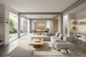 Modern open-plan living room and kitchen with large gray sectional sofa, natural wood coffee and dining tables, black dining chairs, built-in desk with chair and shelving, large sliding glass doors opening to outdoor greenery, and neutral color palette with concrete floors and light walls.