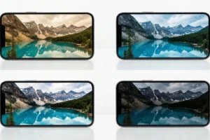 Four smartphones displaying the same mountain and lake landscape with varying brightness and color conditions, arranged in a grid on a white background.