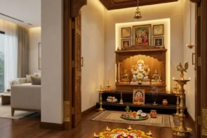 Carved wooden pooja room with a statue of Lord Ganesha in the center, flanked by statues of other deities, decorated with flower garlands, lamps, incense, and religious items, adjacent to a living room with beige sofa and curtains.