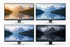 Four computer monitors displaying the same mountain lake scene with reflections, each showing different times of day or lighting conditions ranging from warm sunrise to bright daylight to dusk and night.