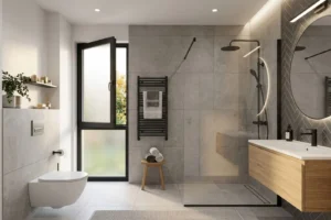 Minimalist modern bathroom with light gray tiled walls and floor, featuring a wall-mounted toilet, open window, black towel radiator with two towels, wooden stool with rolled towels, walk-in glass shower with black fixtures, wooden vanity with white countertop, and an oval backlit mirror on dark herringbone tile wall.