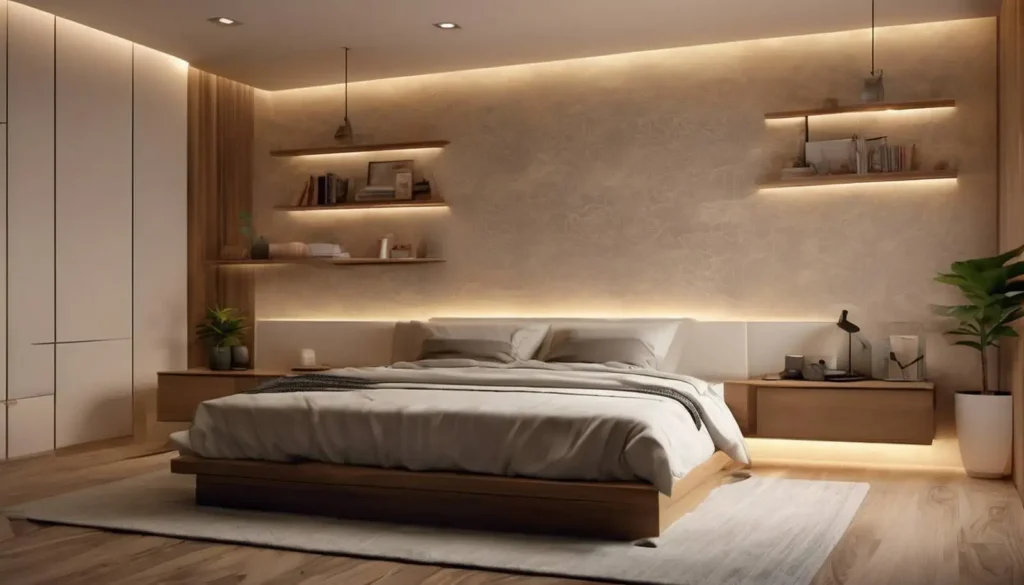 Modern bedroom with a large bed centered on a light rug, featuring warm ambient LED lighting under floating shelves and headboard, wooden flooring, built-in cabinets on the left, and potted plants on both sides of the bed.