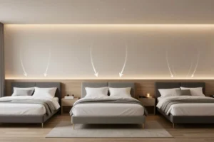 Modern bedroom with three grey upholstered beds arranged side by side, each topped with white linens and pillows, nightstands between beds, and soft warm underlit headboard wall with illuminated arrows pointing down above each bed.