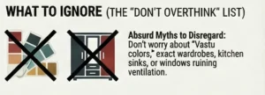 A graphic titled 'What to Ignore (The "Don't Overthink" List)' with images of paint swatches and a wardrobe crossed out, accompanied by the text 'Absurd Myths to Disregard: Don’t worry about "Vastu colors," exact wardrobes, kitchen sinks, or windows ruining ventilation.'