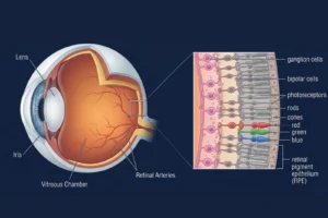 Cross-sectional illustration of the human eye showing the lens, iris, vitreous chamber, and retinal arteries, with a magnified view of the retina detailing ganglion cells, bipolar cells, photoreceptors including rods and cones sensitive to red, green, and blue, and the retinal pigment epithelium (RPE).