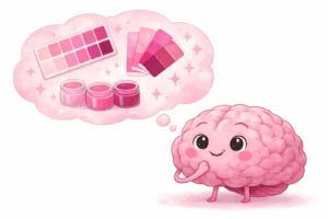 Cartoon pink brain with eyes and a smile, standing on two legs, thinking about various shades of pink color swatches and paint jars inside a pink thought bubble with sparkles.