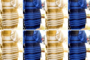Collage of a dress shown in four pairs of images, with each pair displaying the dress in two different color perceptions: gold and white on the left, and blue and black on the right, illustrating a popular optical illusion about the dress color.