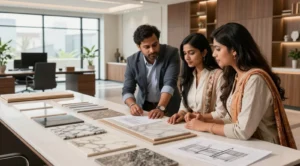 Three professionals examining architectural plans and marble samples on a table in a modern office with large windows and wooden cabinetry.