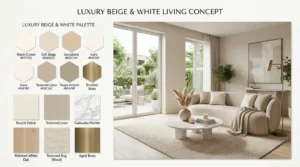 Luxury beige and white living room design concept featuring a curved beige sofa with neutral pillows and a throw, a round white marble coffee table with decorative items, beige textured rug, large windows showing a green outdoor space, floor lamp with brass finish, abstract wall art, and green potted plants, alongside a color palette of warm cream, soft beige, sandstone, ivory, taupe, brushed brass, and textures including boucle fabric, textured linen, Calacatta marble, polished white oak, wool textured rug, and aged brass.