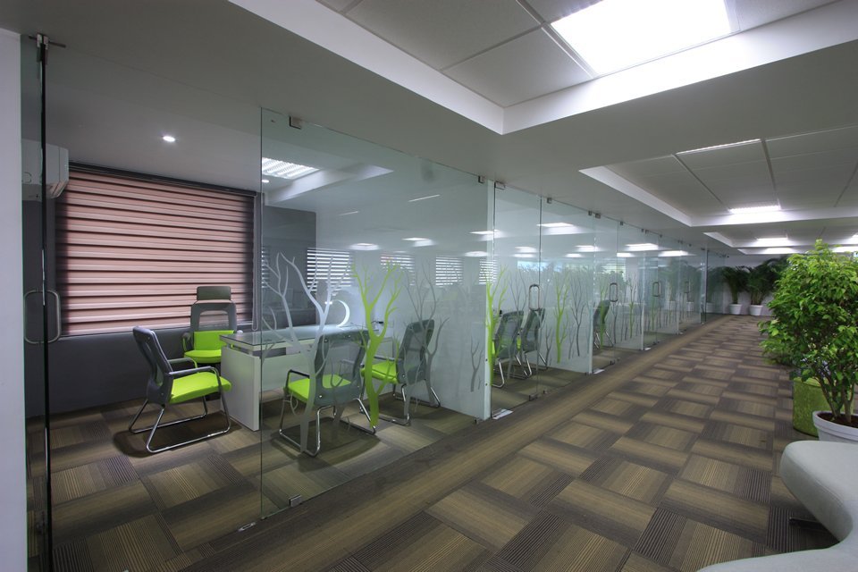 The corridor integrates glass partitions, curated lighting, greenery, and a refined color palette—enhancing spatial flow, visual connection, and a sense of well-being in the work environment.