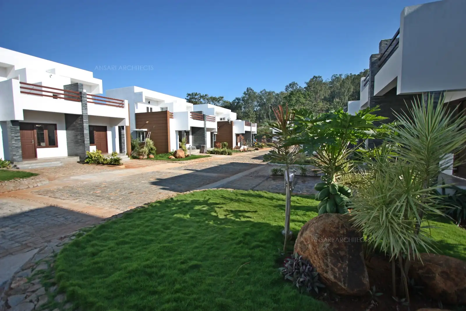 A collection of contemporary villas with white facades, wooden accents, and rich landscaping.