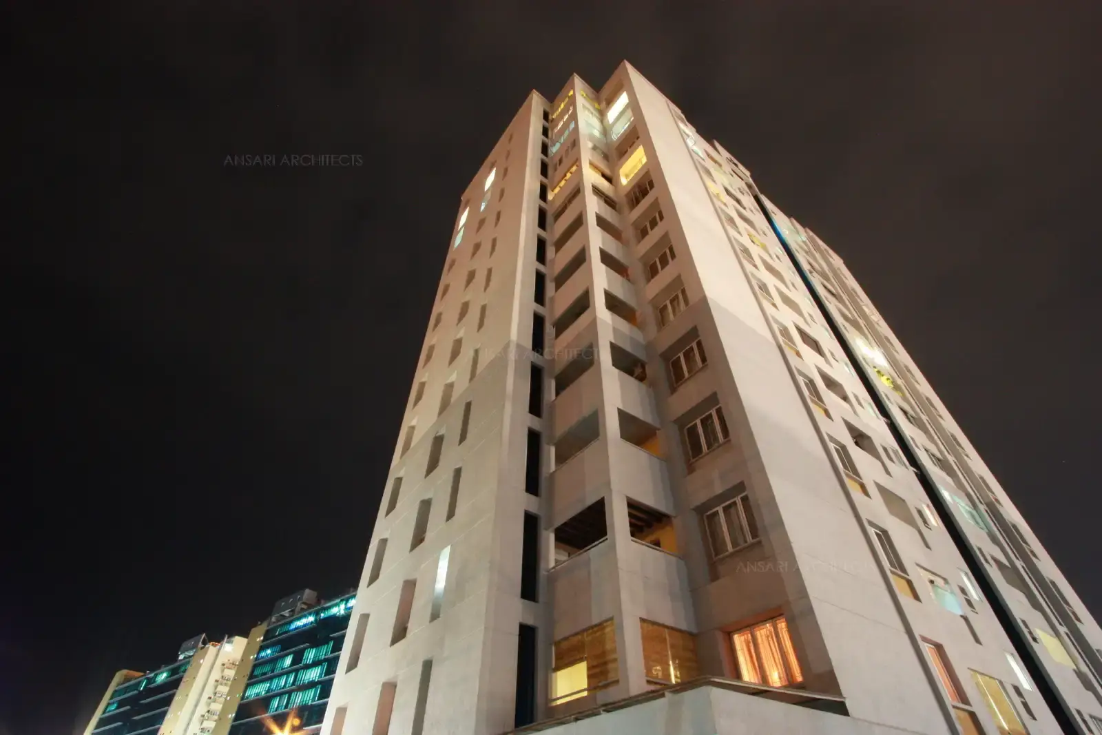 Worm's eye view of the building showing the exterior elevation of this sea facing apartment.