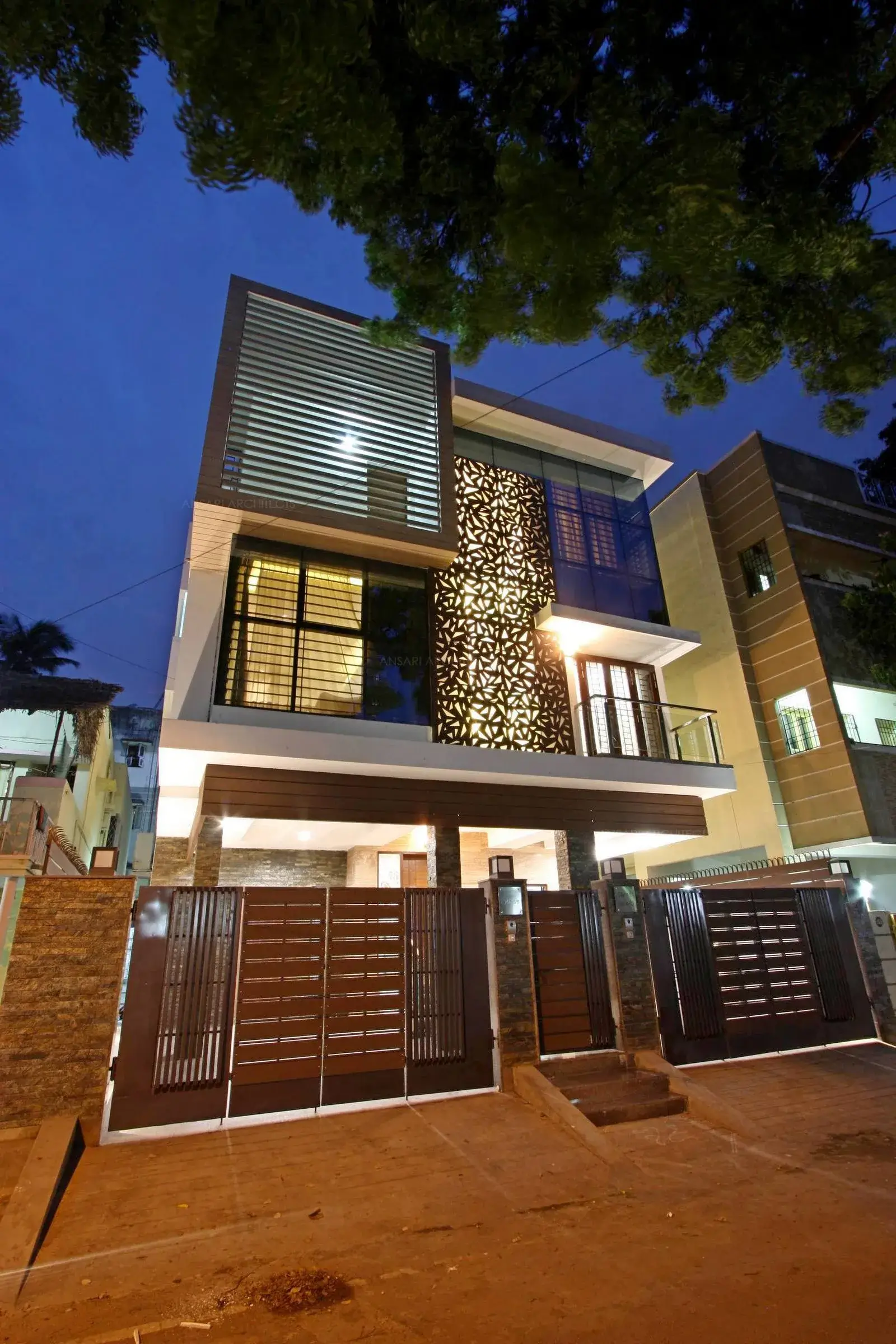 The exterior of the building is a visual play of contemporary style bold projections and recess