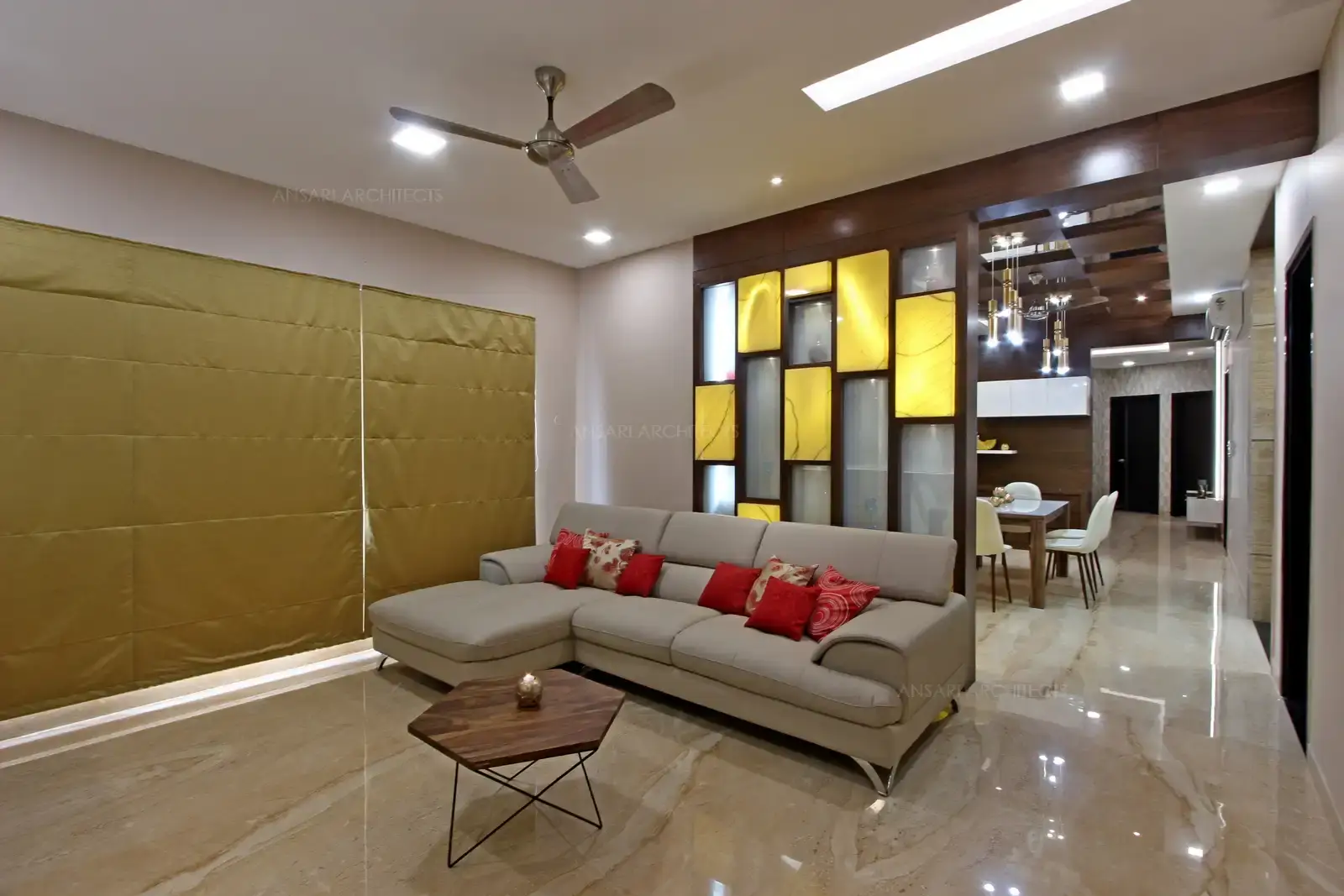 Connective partition wall element with dark tones that blend in beautiful colours.