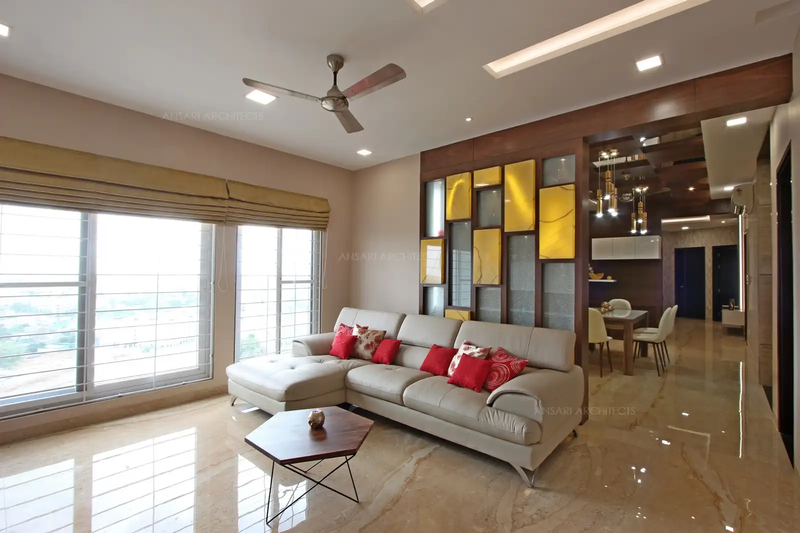 The cut-out surrounding the ceiling incorporates recessed LED strip lighting which imparts a magnificient look.