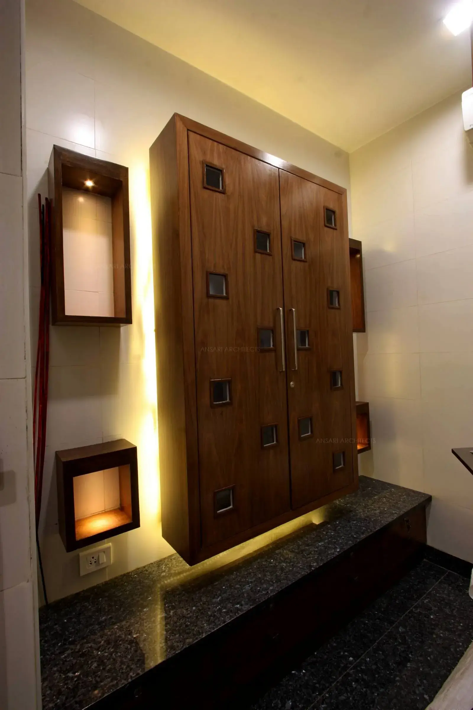The pooja iin veneer and furnishiings are provided to create a spiritual serene ambience.