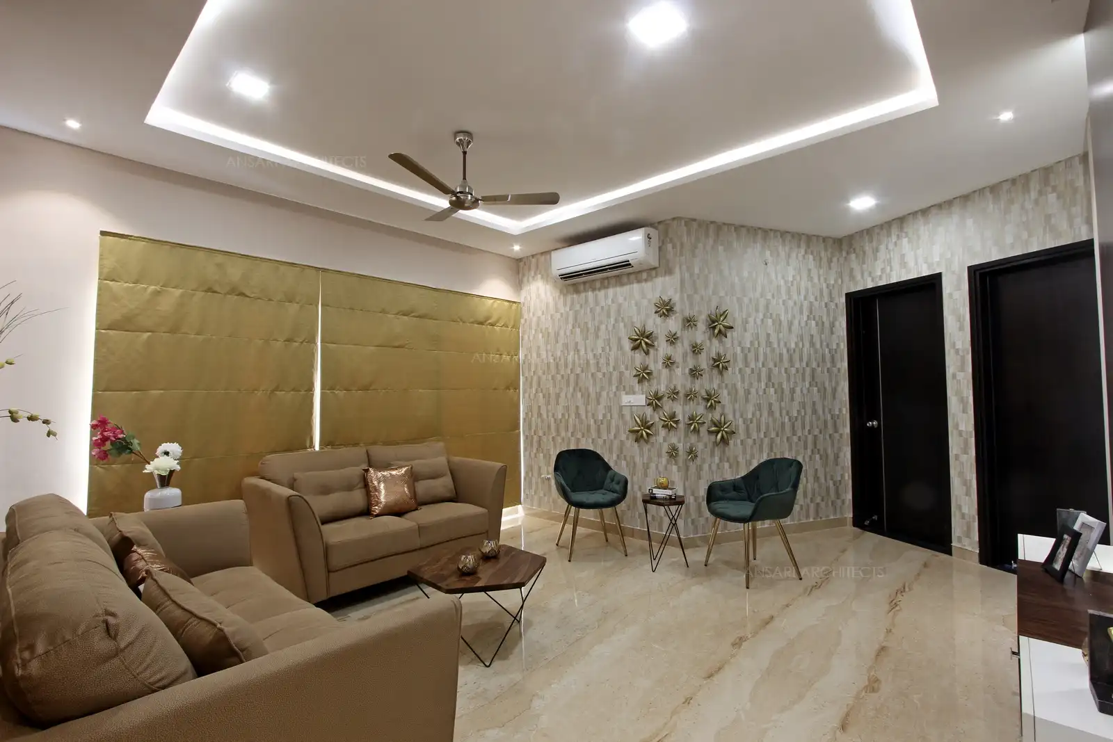 Several dominating and few subtle details combined together, wallpaper wall dominates and fill the space where the star elements in gold mark the space wtih rich details.