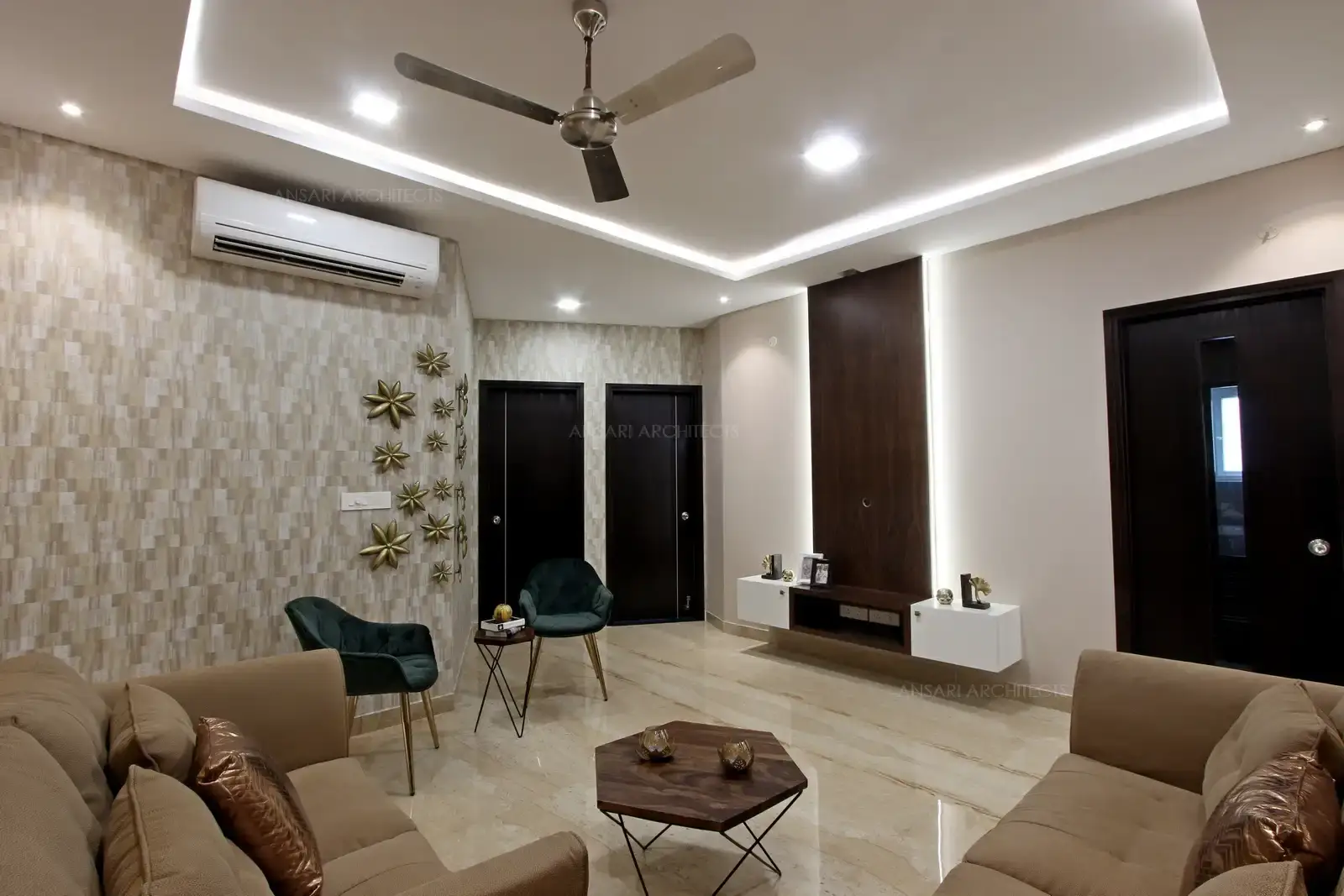 This wood cabinet and clean lined white cabinets are both contrasted by the panelling, white wall with backlit light brightens up the decor furnishing.