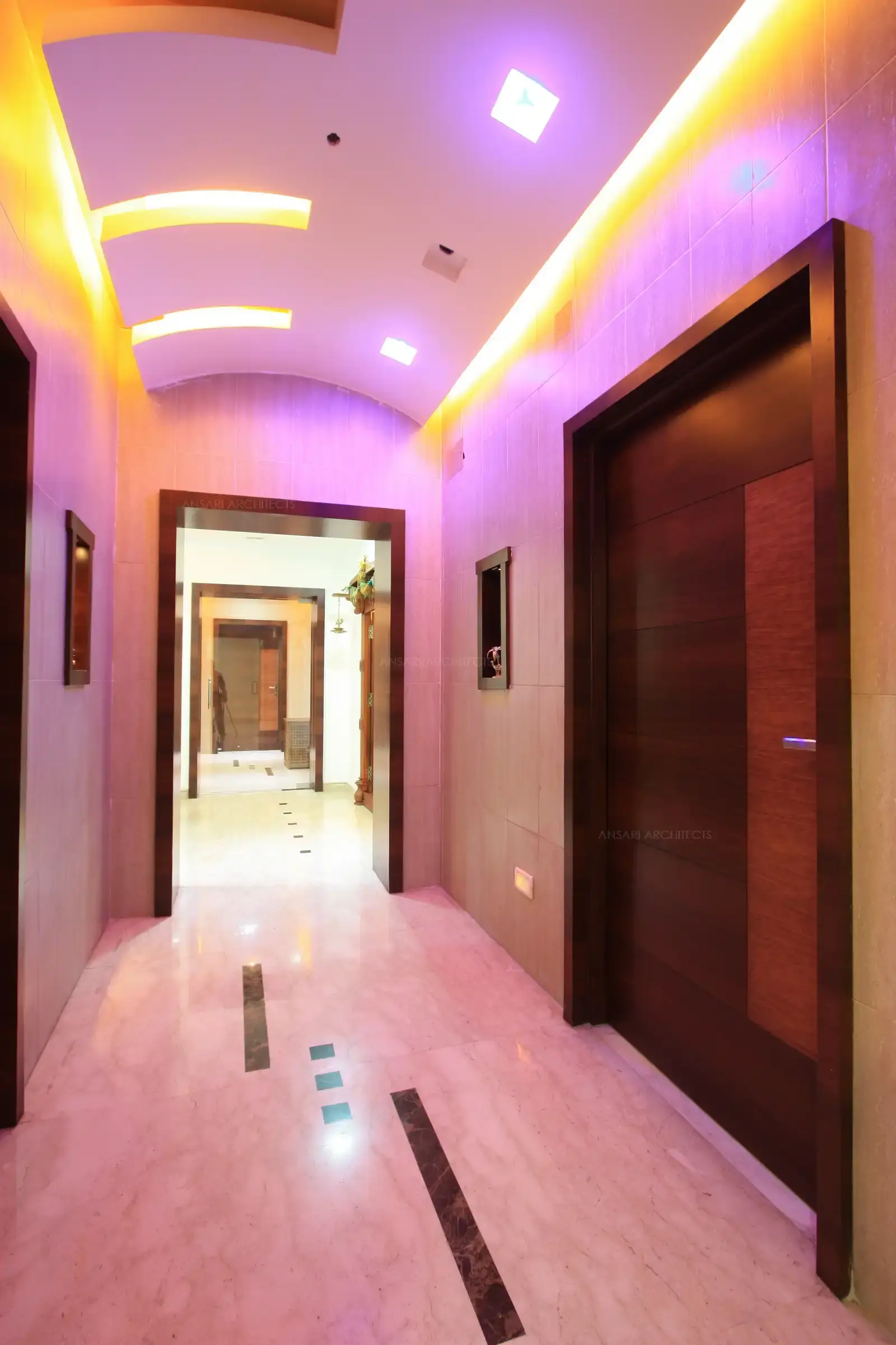 The corridors have been clad with rustic looking tiles for easy maintenance of walls