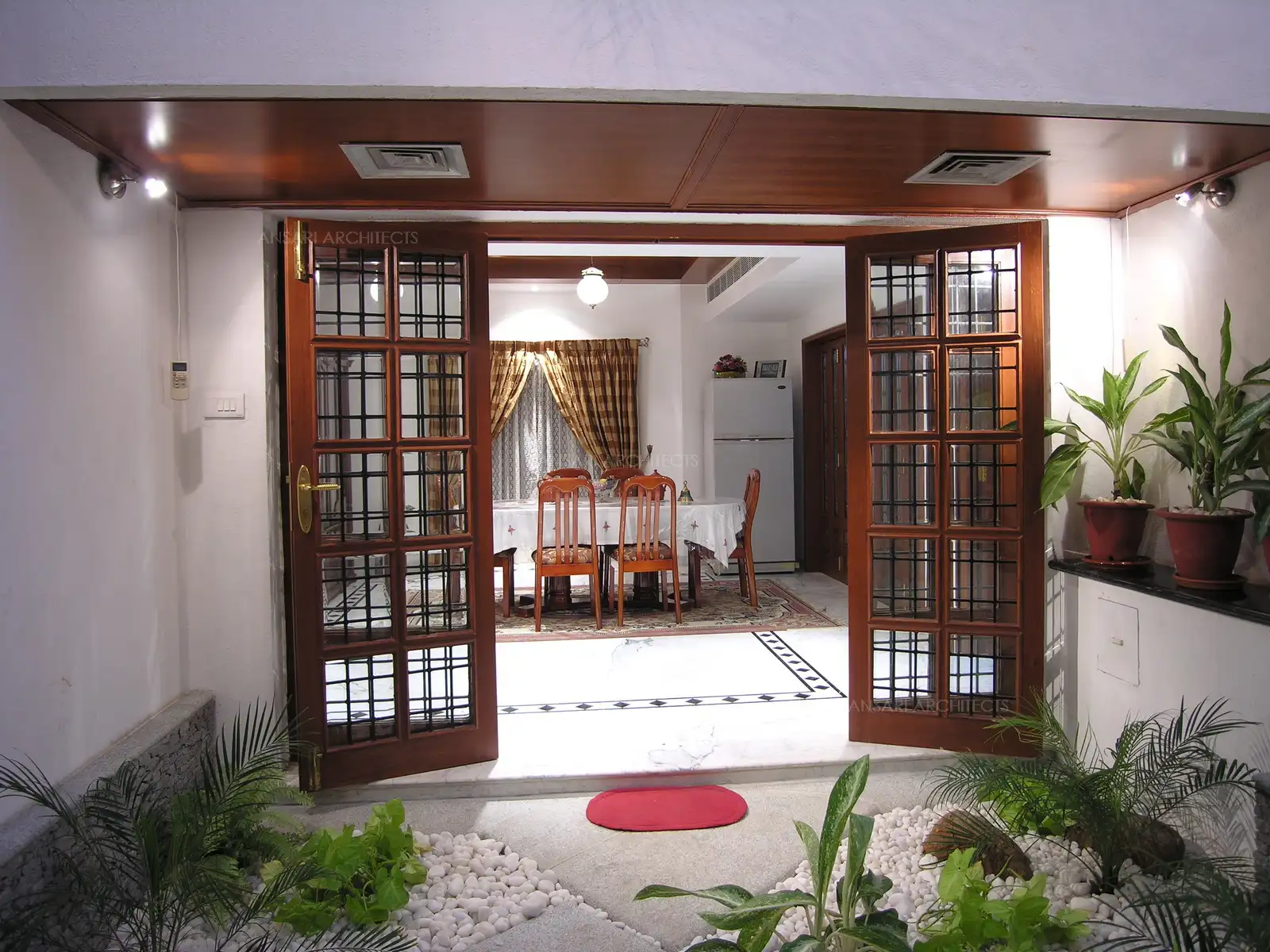 View of the dining room as seen from the courtyard.