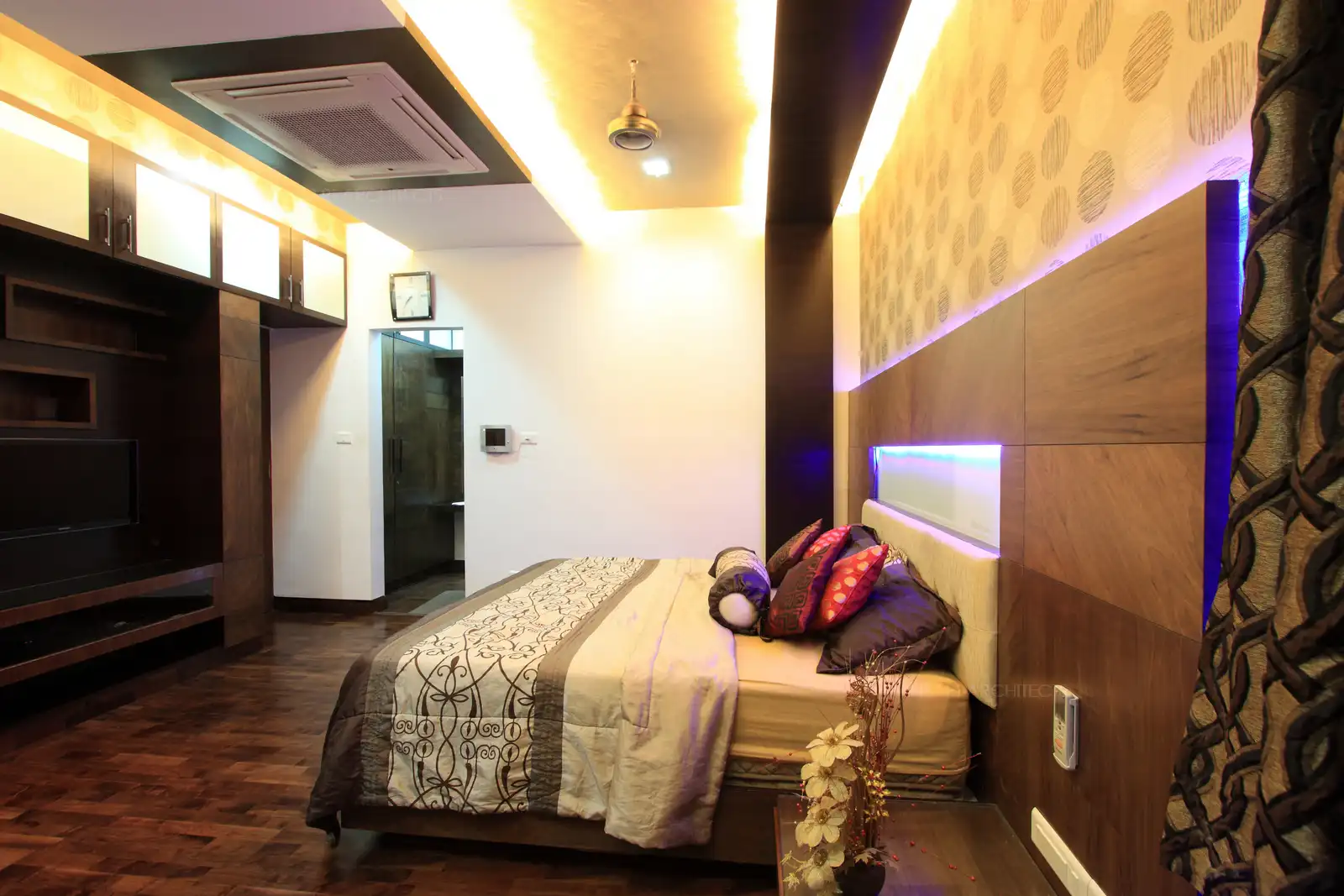 View of bedroom-3 showing the bedside wall and rich furnishing which adds to the luxury feel in this room.